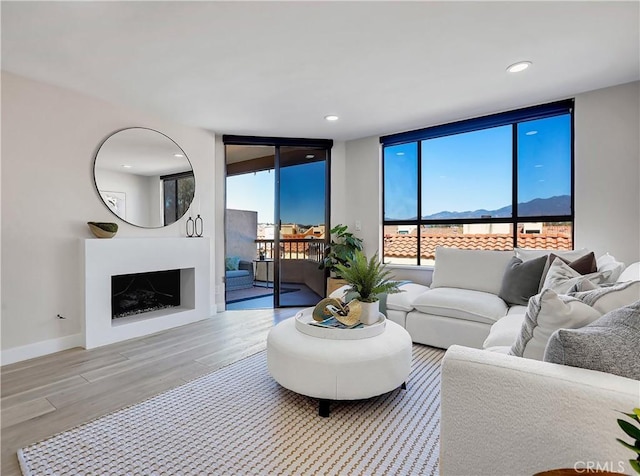 living room featuring wood finished floors, baseboards, recessed lighting, a fireplace, and floor to ceiling windows