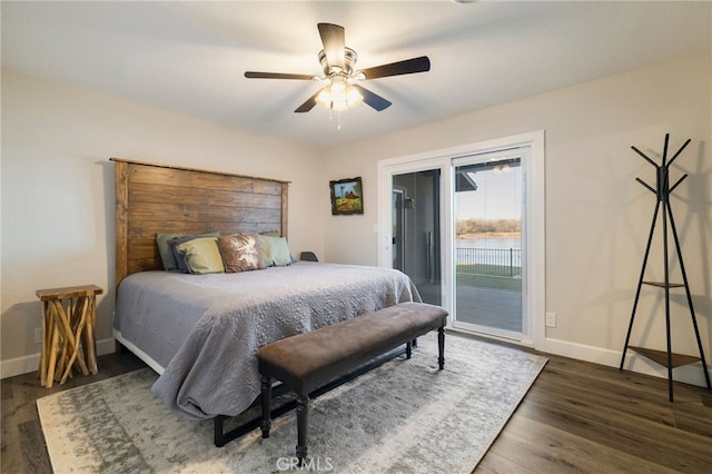 bedroom with access to exterior, wood finished floors, baseboards, and ceiling fan