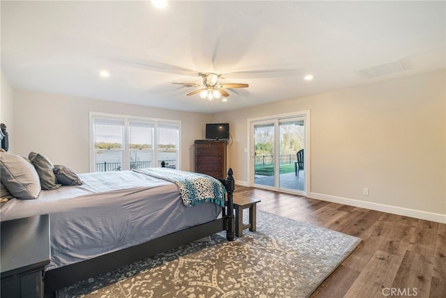 bedroom with wood finished floors, baseboards, recessed lighting, ceiling fan, and access to exterior