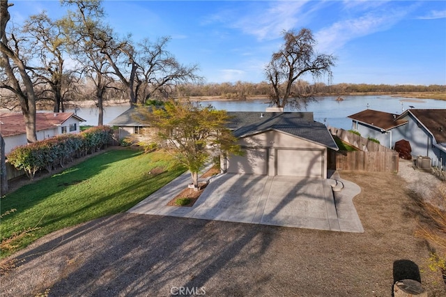 exterior space with a water view