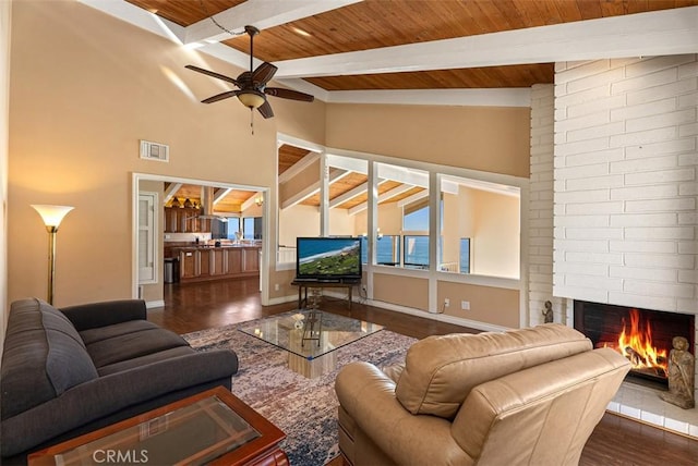 living room featuring visible vents, lofted ceiling with beams, wood finished floors, wooden ceiling, and a fireplace