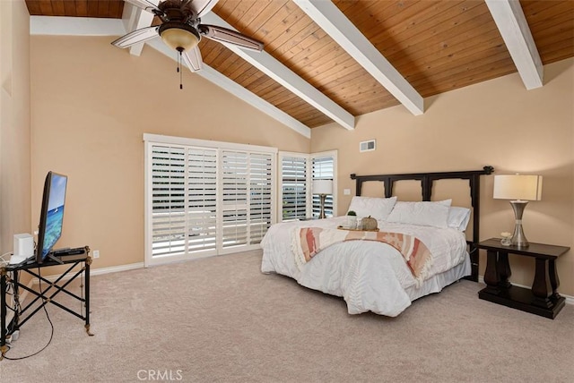 bedroom featuring visible vents, beam ceiling, carpet, and wooden ceiling