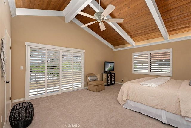 bedroom featuring lofted ceiling with beams, wood ceiling, carpet flooring, and access to outside