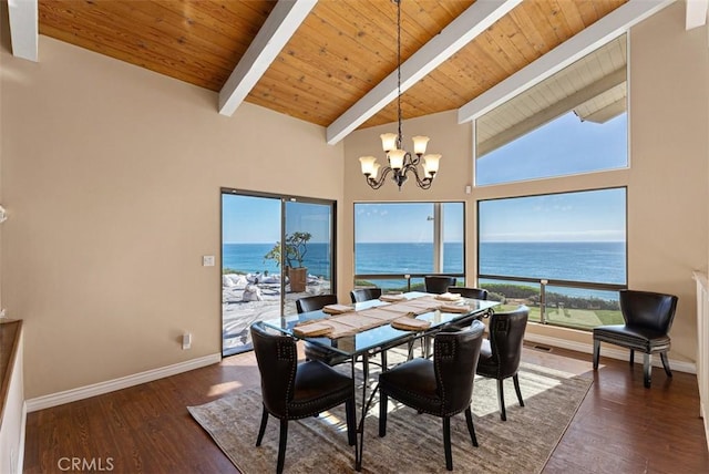 dining area with beam ceiling, a notable chandelier, wood finished floors, and a water view