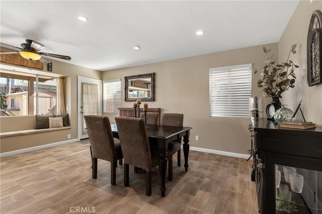 dining area featuring recessed lighting, light wood-style floors, baseboards, and ceiling fan