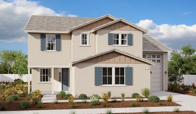 view of front of property featuring stucco siding, board and batten siding, concrete driveway, and fence