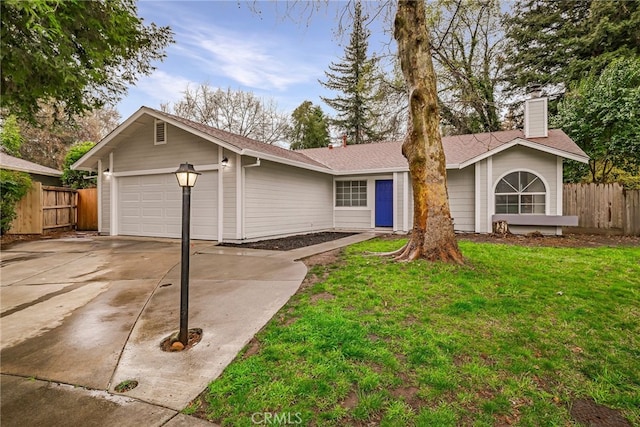 single story home with an attached garage, driveway, a front lawn, and fence