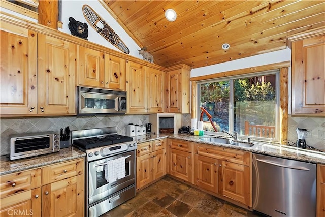 kitchen featuring stone finish floor, a sink, appliances with stainless steel finishes, wooden ceiling, and light stone countertops