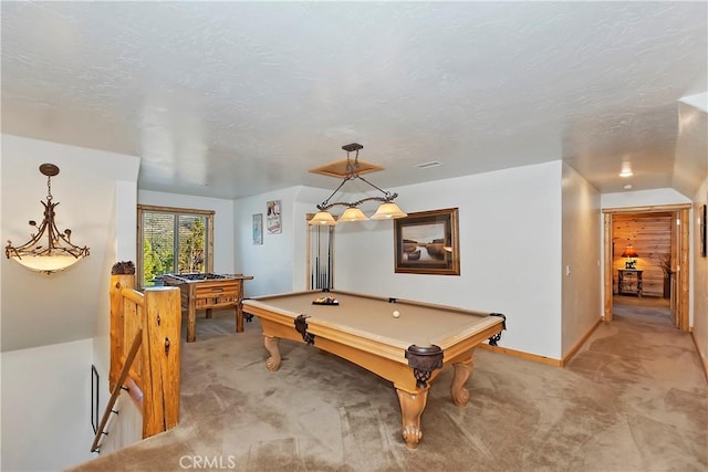 rec room featuring a textured ceiling, billiards, baseboards, and light carpet