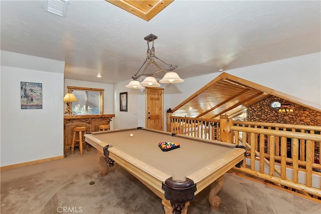 game room with visible vents, billiards, a textured ceiling, carpet flooring, and baseboards