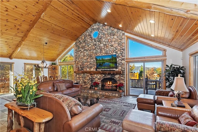 living room featuring a stone fireplace, wood ceiling, a wealth of natural light, and high vaulted ceiling