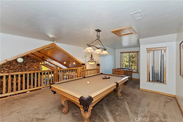 rec room featuring visible vents, carpet, attic access, and pool table