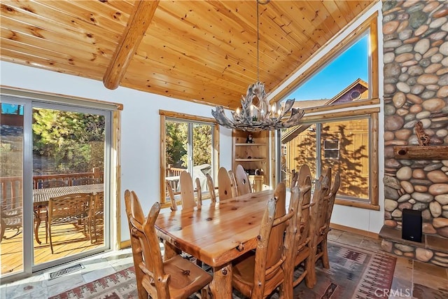 dining room featuring visible vents, lofted ceiling with beams, an inviting chandelier, wooden ceiling, and tile patterned flooring