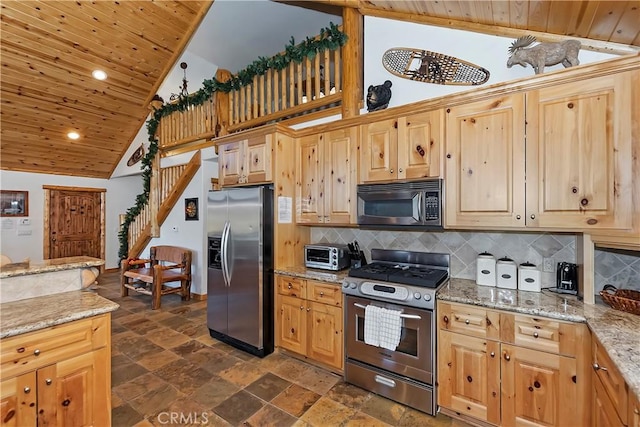 kitchen with tasteful backsplash, appliances with stainless steel finishes, wood ceiling, and stone tile flooring