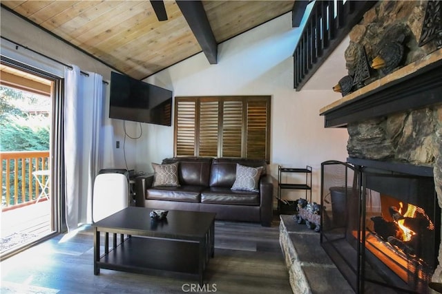 living room with a fireplace, wood ceiling, lofted ceiling with beams, and wood finished floors