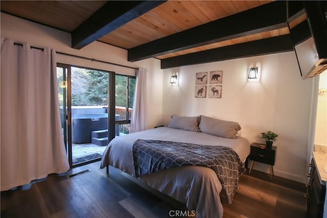 bedroom with wood finished floors, baseboards, beam ceiling, access to exterior, and wooden ceiling