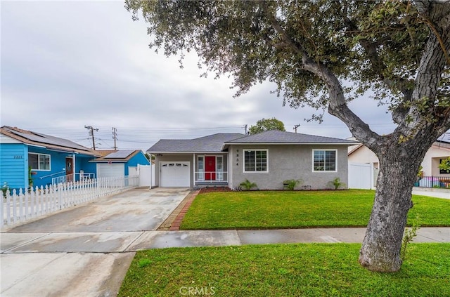 ranch-style home with fence, concrete driveway, a front yard, stucco siding, and an attached garage