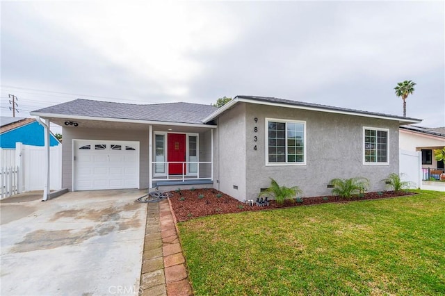 ranch-style house with a front lawn, fence, concrete driveway, stucco siding, and a garage