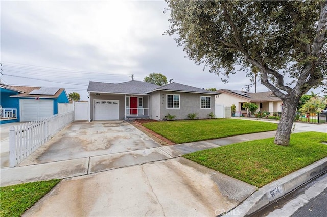 ranch-style house with stucco siding, driveway, fence, a front yard, and a garage