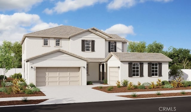 traditional-style home featuring stucco siding, fence, concrete driveway, an attached garage, and a tiled roof