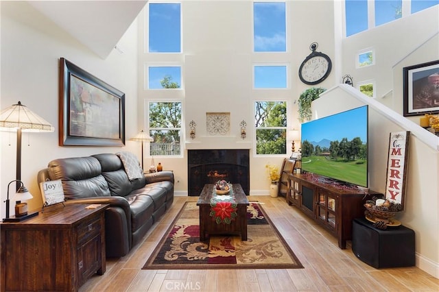 living room with a fireplace, light wood-style floors, a towering ceiling, and a healthy amount of sunlight