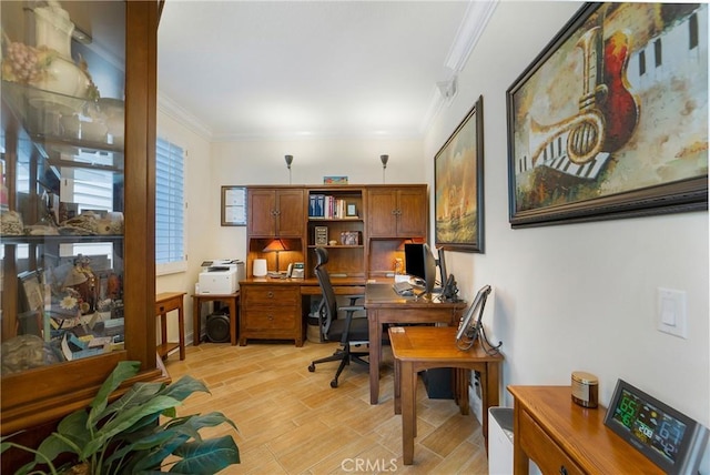 home office featuring ornamental molding and wood tiled floor