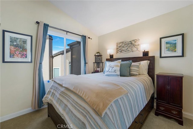 carpeted bedroom with baseboards, access to exterior, and vaulted ceiling