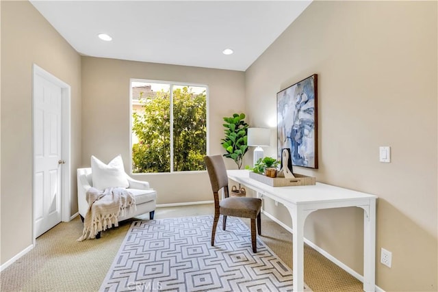 office area featuring recessed lighting, baseboards, and light colored carpet