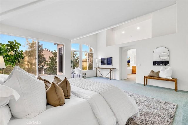 bedroom featuring arched walkways and carpet flooring