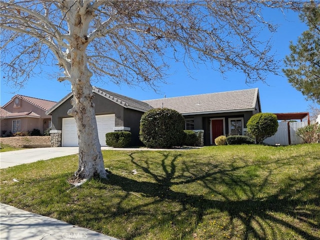 single story home featuring a front yard, driveway, an attached garage, stucco siding, and a tile roof