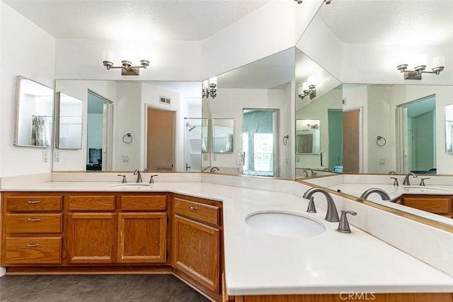 bathroom with a sink and double vanity