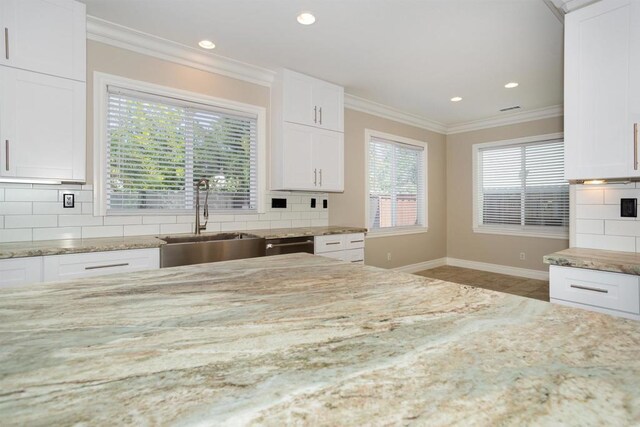 kitchen featuring ornamental molding, light stone counters, and a sink