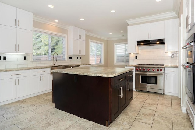 kitchen featuring under cabinet range hood, luxury stove, and white cabinetry