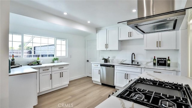 kitchen with a sink, stainless steel dishwasher, white cabinets, and ventilation hood