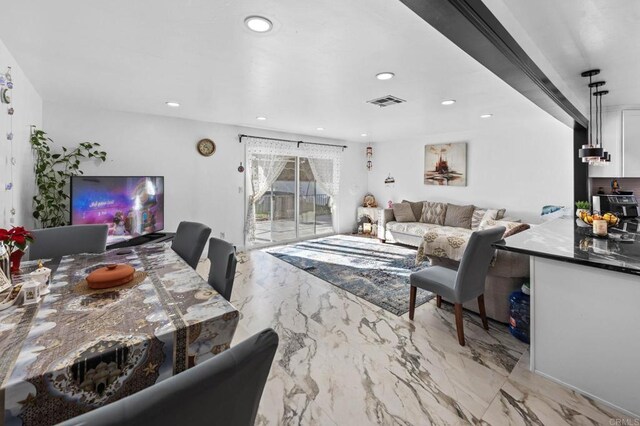 living room with a toaster, recessed lighting, marble finish floor, and visible vents