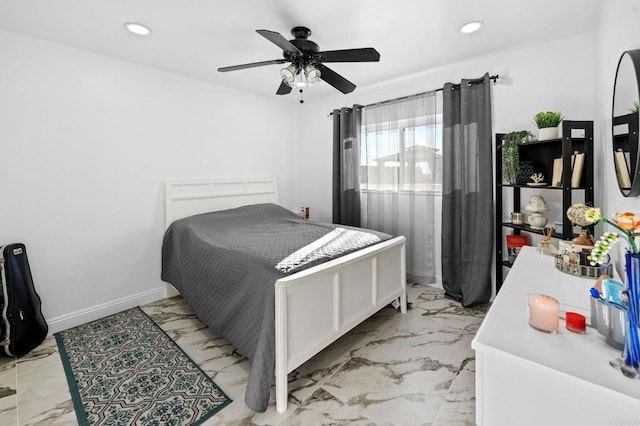 bedroom featuring recessed lighting, baseboards, marble finish floor, and a ceiling fan