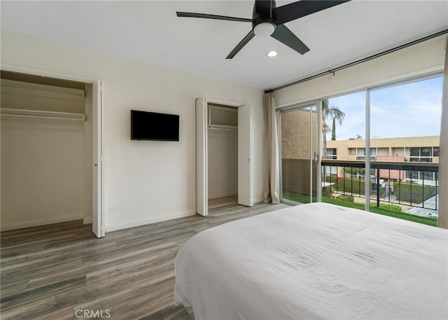 bedroom with multiple closets, access to outside, wood finished floors, recessed lighting, and baseboards