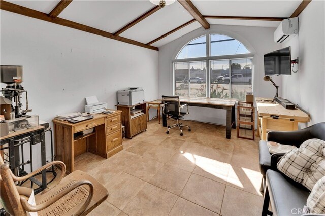 office with light tile patterned floors, vaulted ceiling with beams, and a wall unit AC