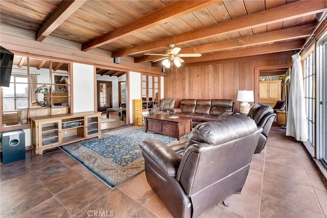 living area with tile patterned flooring, beam ceiling, wood ceiling, and wood walls