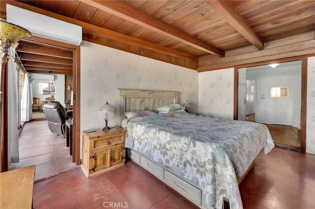 bedroom featuring wood ceiling, beam ceiling, an AC wall unit, and finished concrete flooring