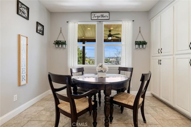 dining room with ceiling fan and baseboards