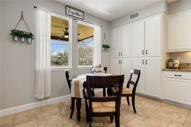 dining room with visible vents, a ceiling fan, and baseboards