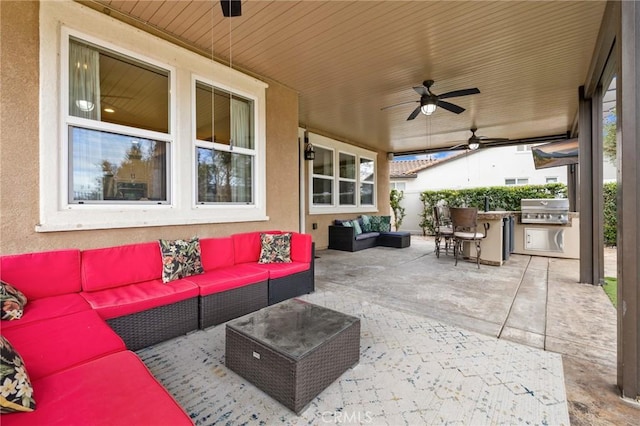 view of patio with ceiling fan, an outdoor hangout area, and a grill