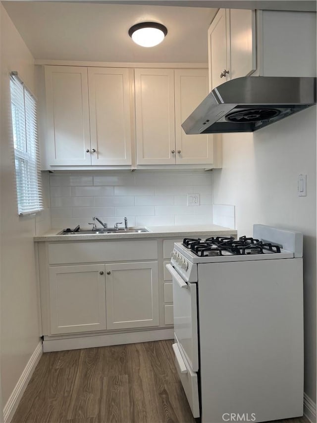 kitchen with dark wood-type flooring, gas range gas stove, exhaust hood, and a sink