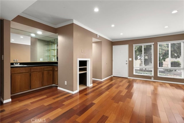 interior space featuring a sink, wood finished floors, and crown molding