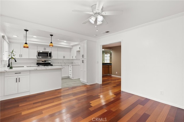 kitchen featuring a peninsula, a sink, white cabinets, wood-type flooring, and appliances with stainless steel finishes