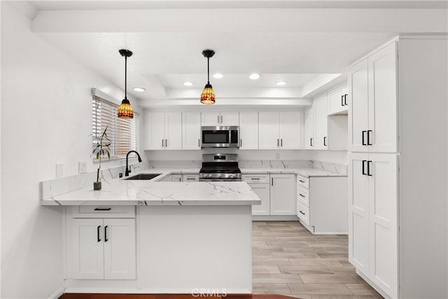 kitchen featuring wood finish floors, appliances with stainless steel finishes, a peninsula, a raised ceiling, and a sink