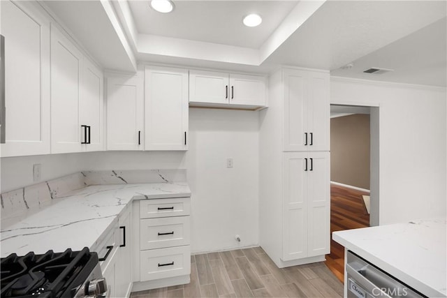 kitchen featuring a tray ceiling, appliances with stainless steel finishes, white cabinets, light stone countertops, and wood tiled floor