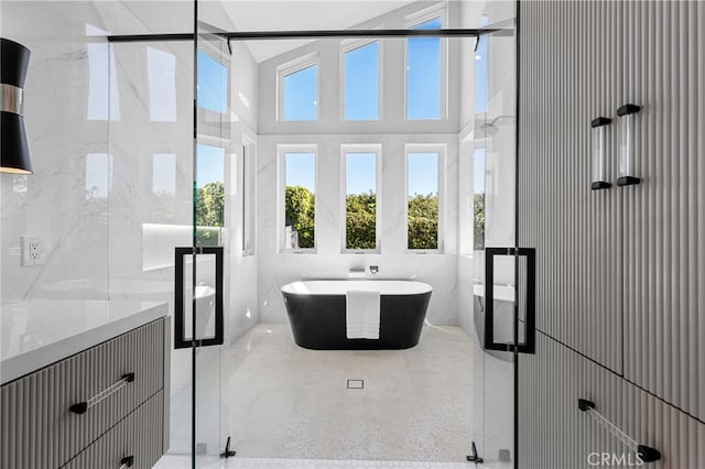 bathroom with a shower stall, vanity, and a freestanding tub