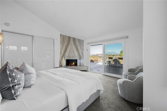 bedroom with a closet, carpet, a fireplace, and access to outside